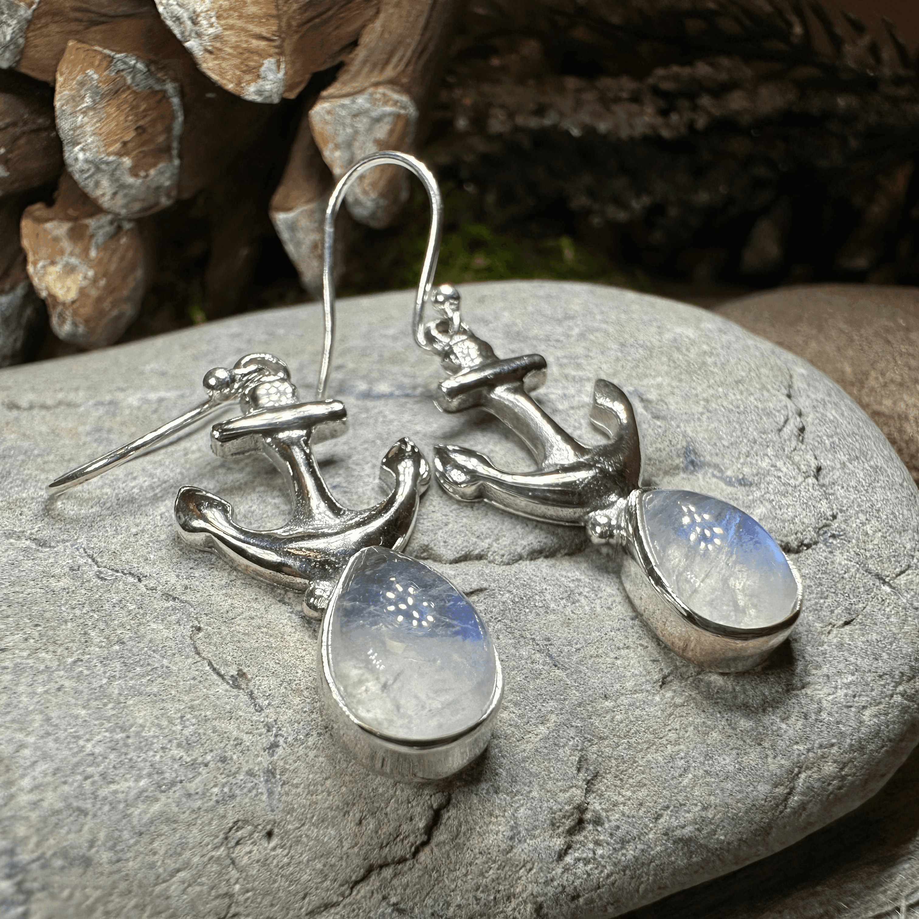 Moonstone Anchor Earrings - Oval Stone