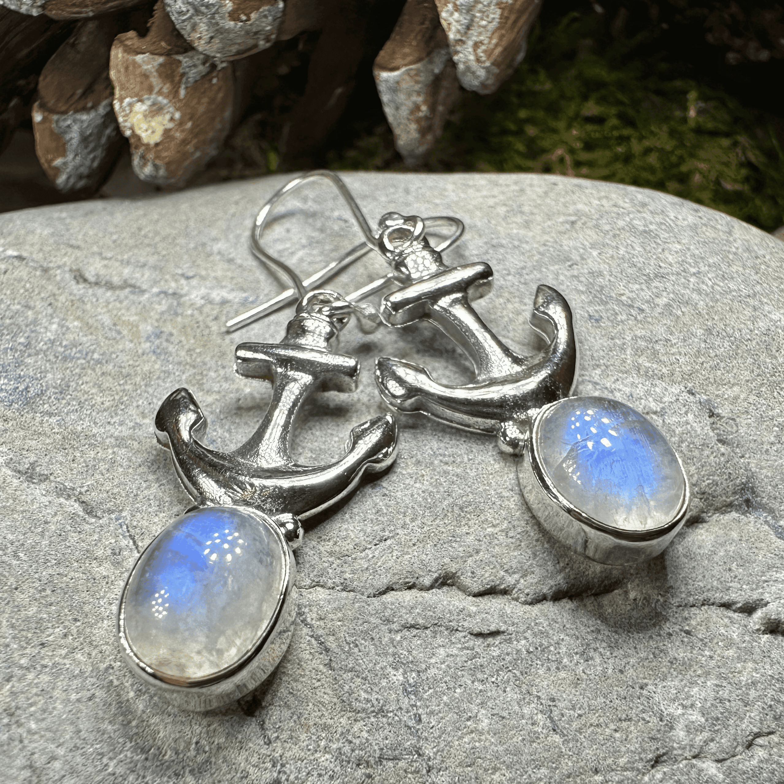 Moonstone Anchor Earrings - Oval Stone