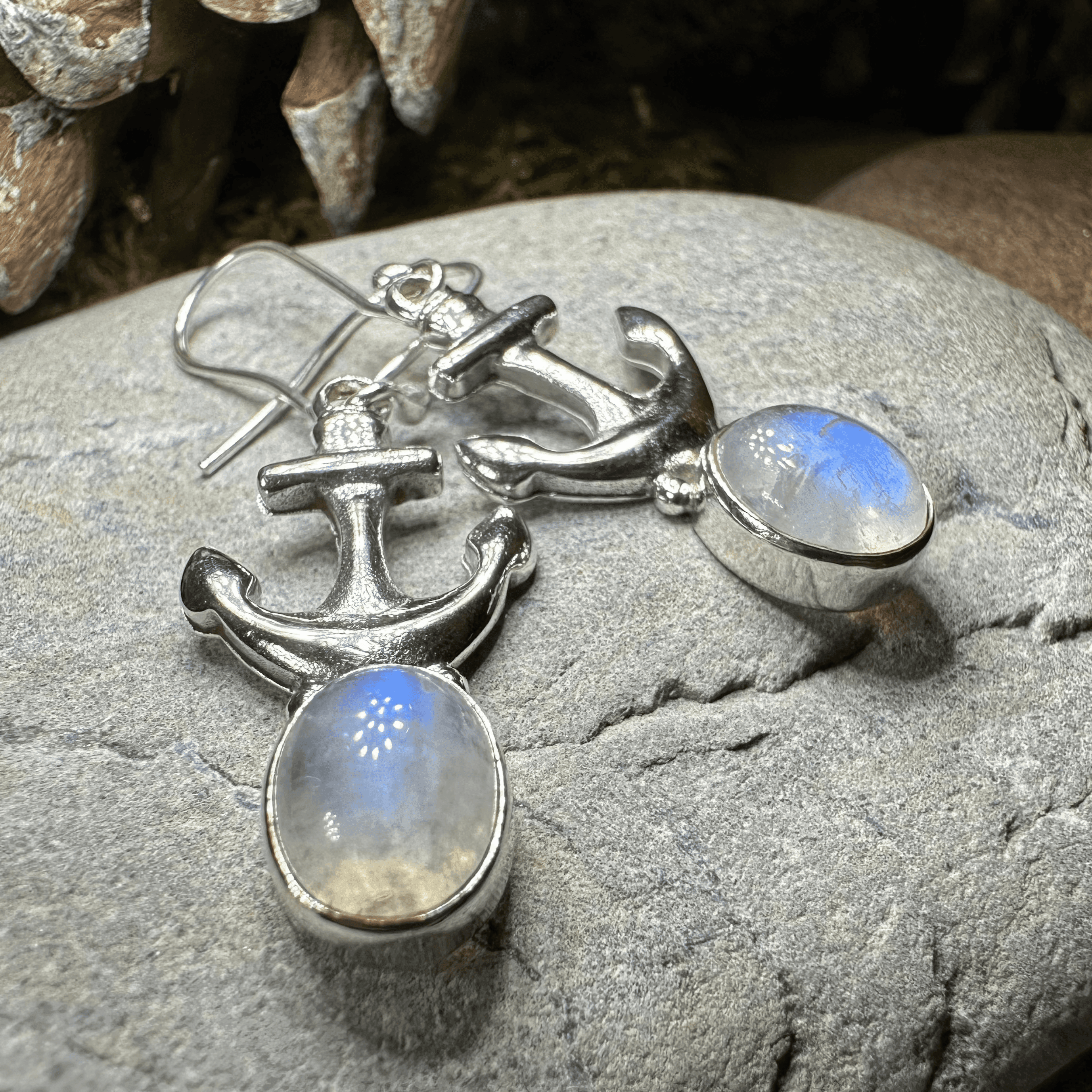 Moonstone Anchor Earrings - Oval Stone