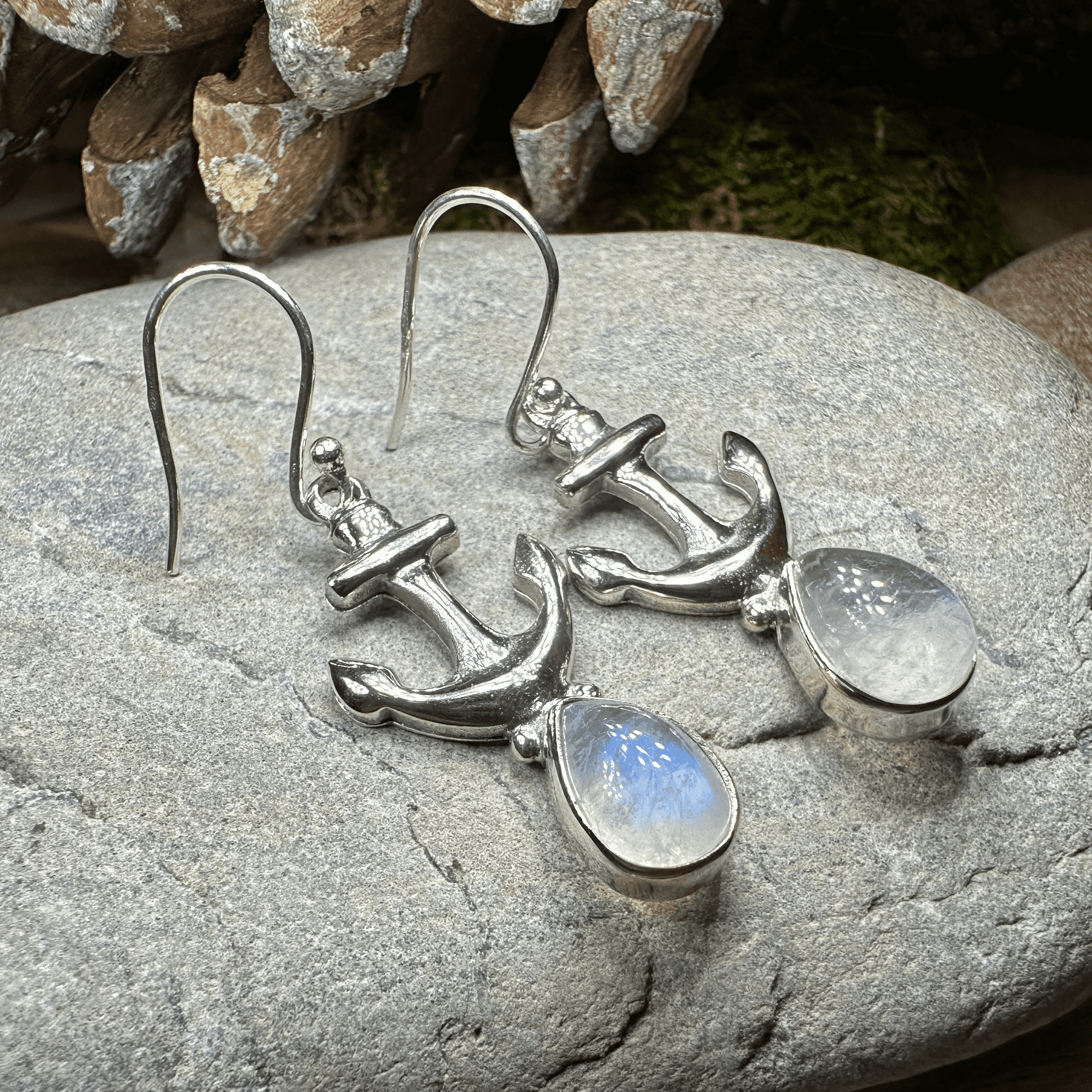 Moonstone Anchor Earrings - Oval Stone