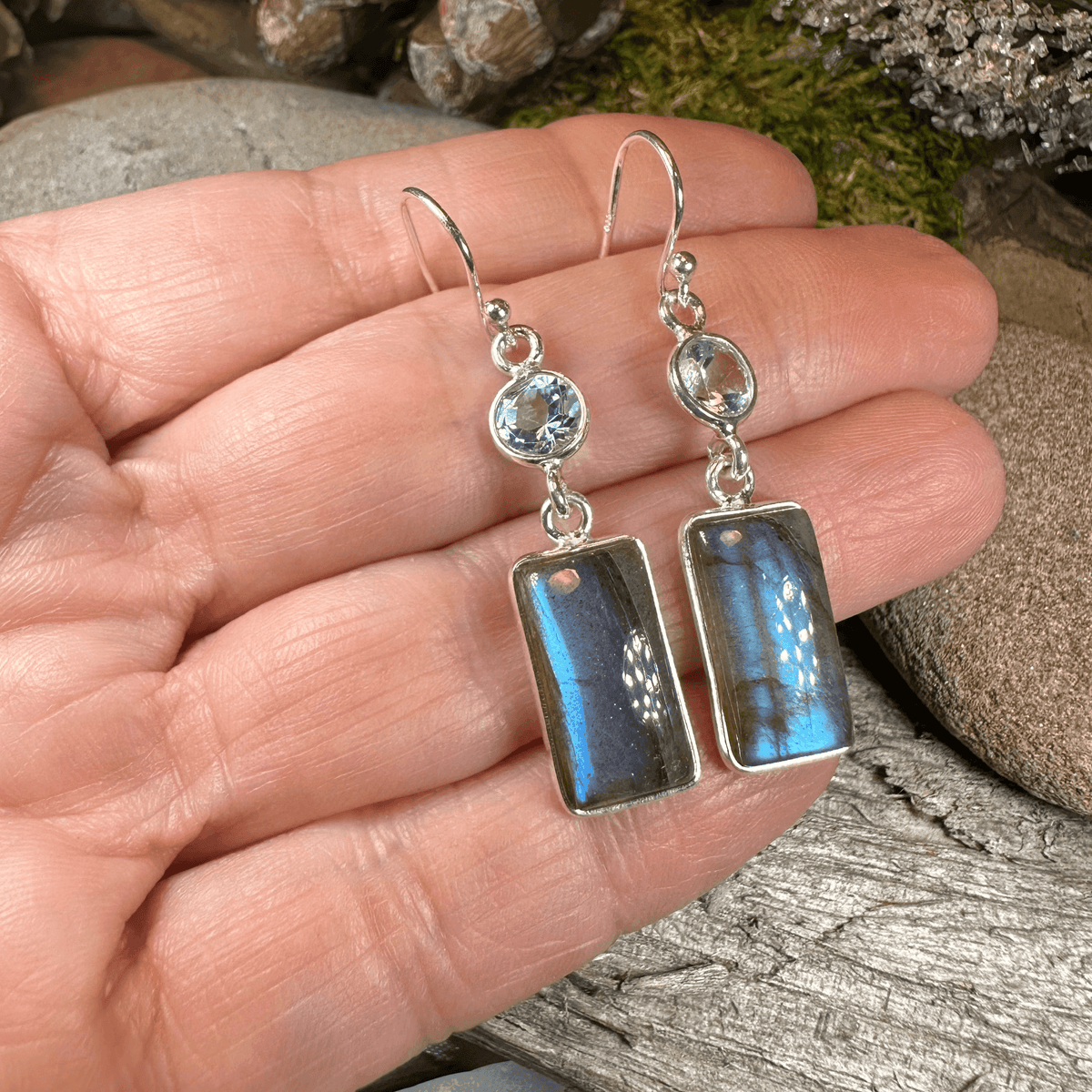 Celtic Waters Earrings - Square Stone Blue Topaz