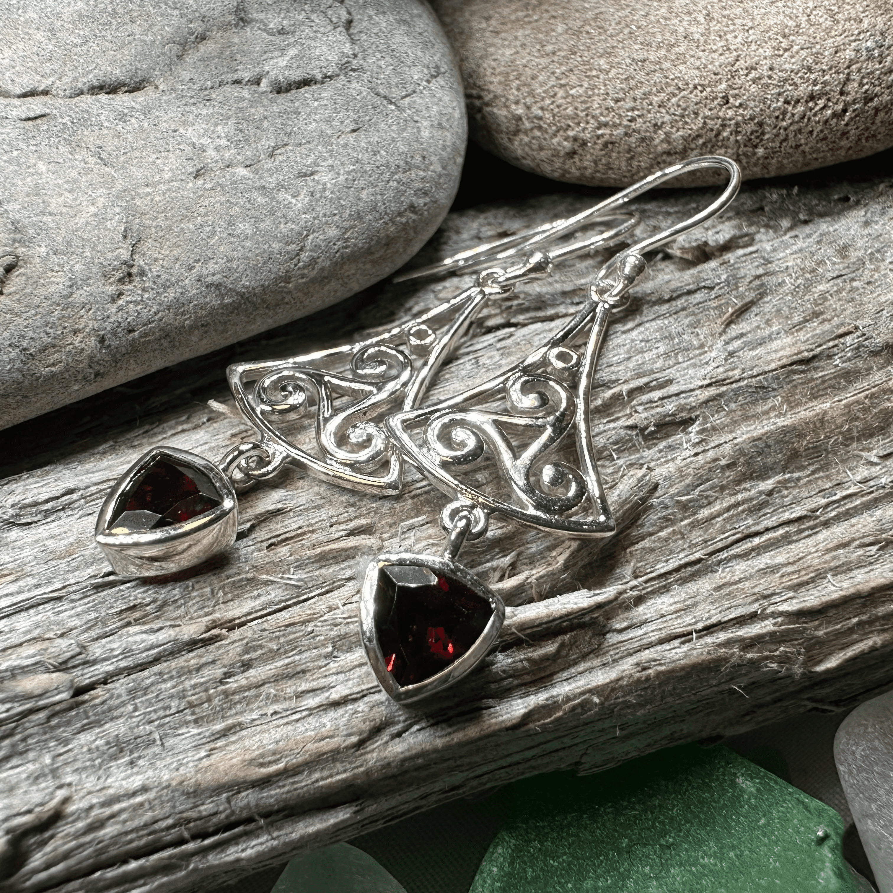 Teleri Triple Spiral Earrings - Garnet