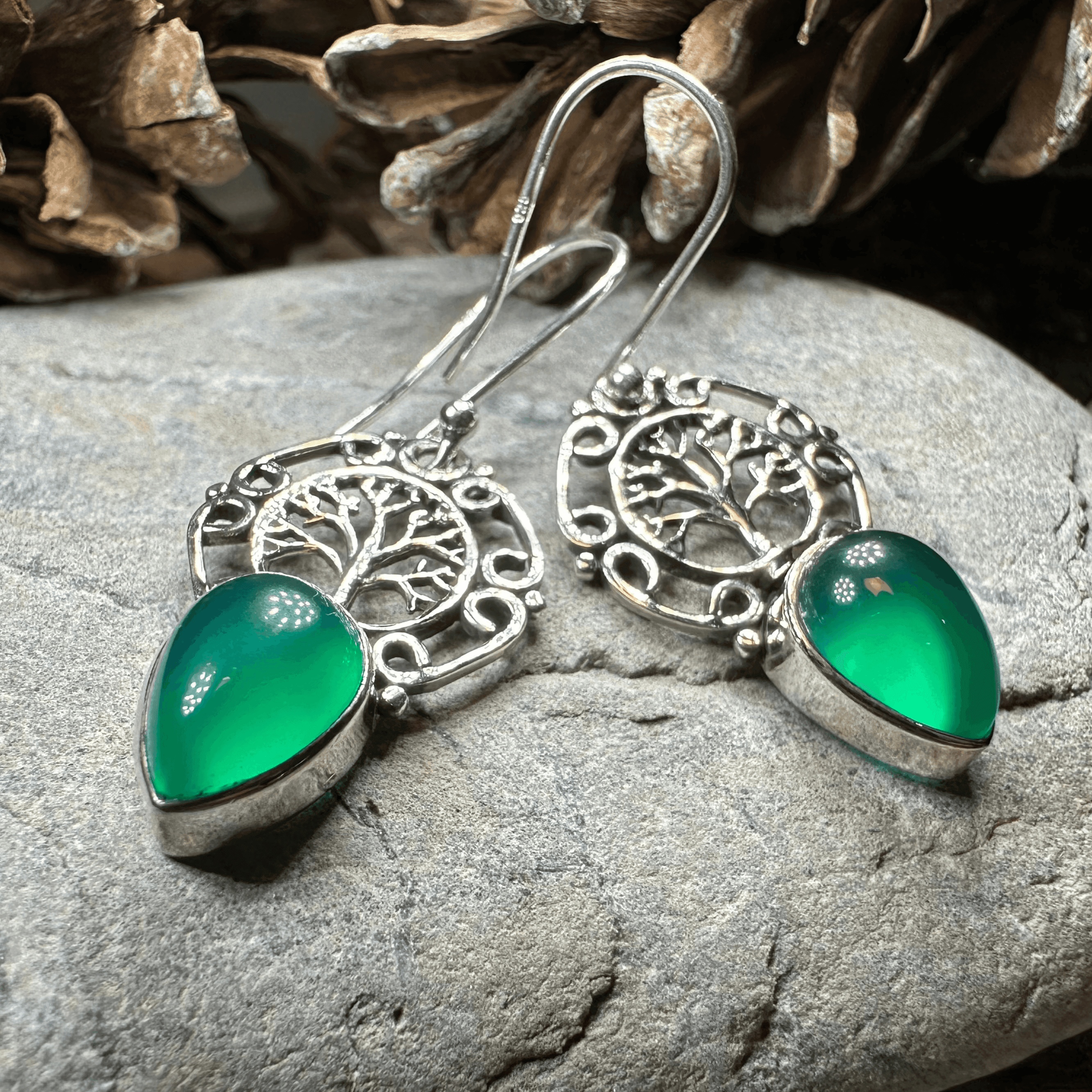 Ancient Tree of Life Earrings - Green Chalcedony