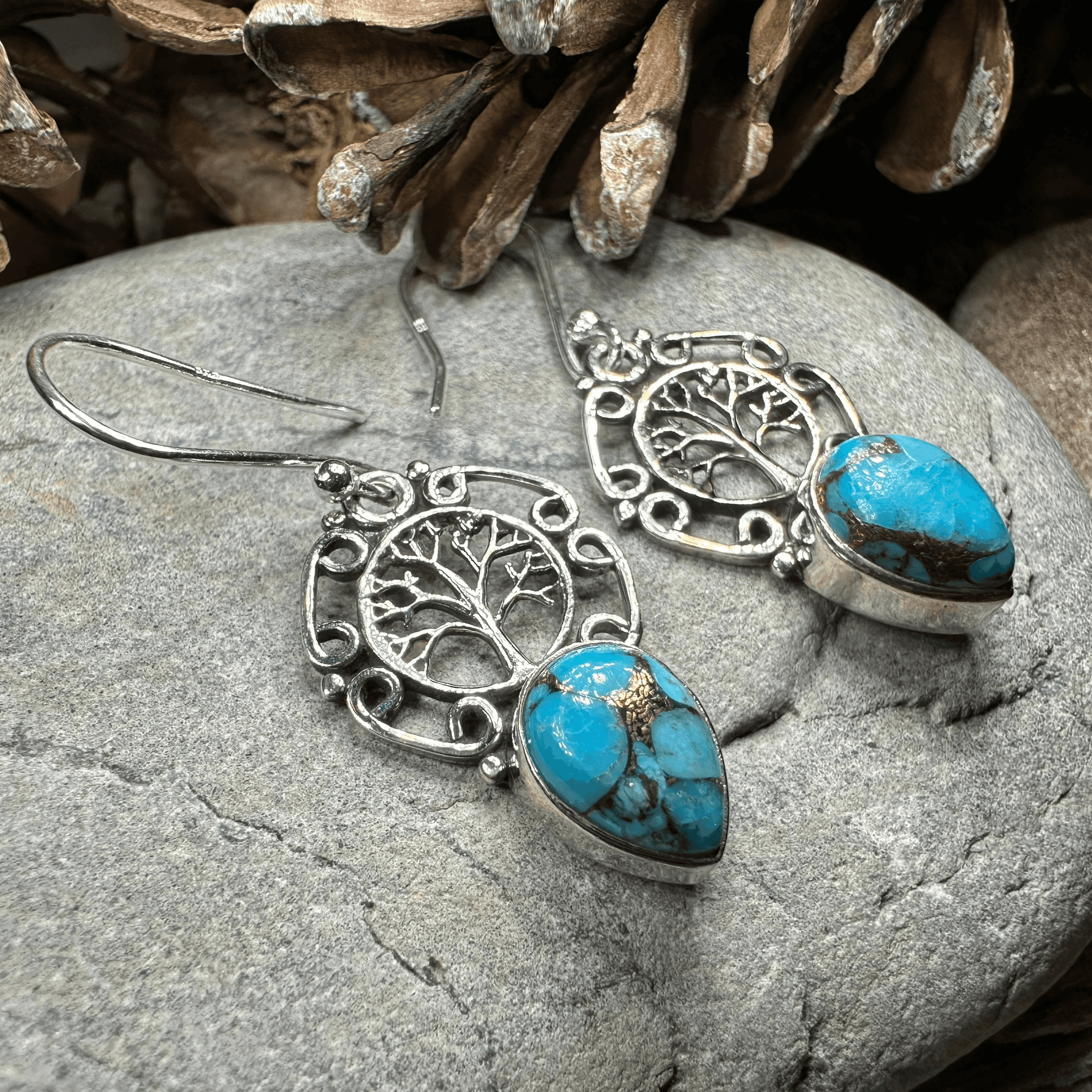 Ancient Tree of Life Earrings - Blue Turquoise