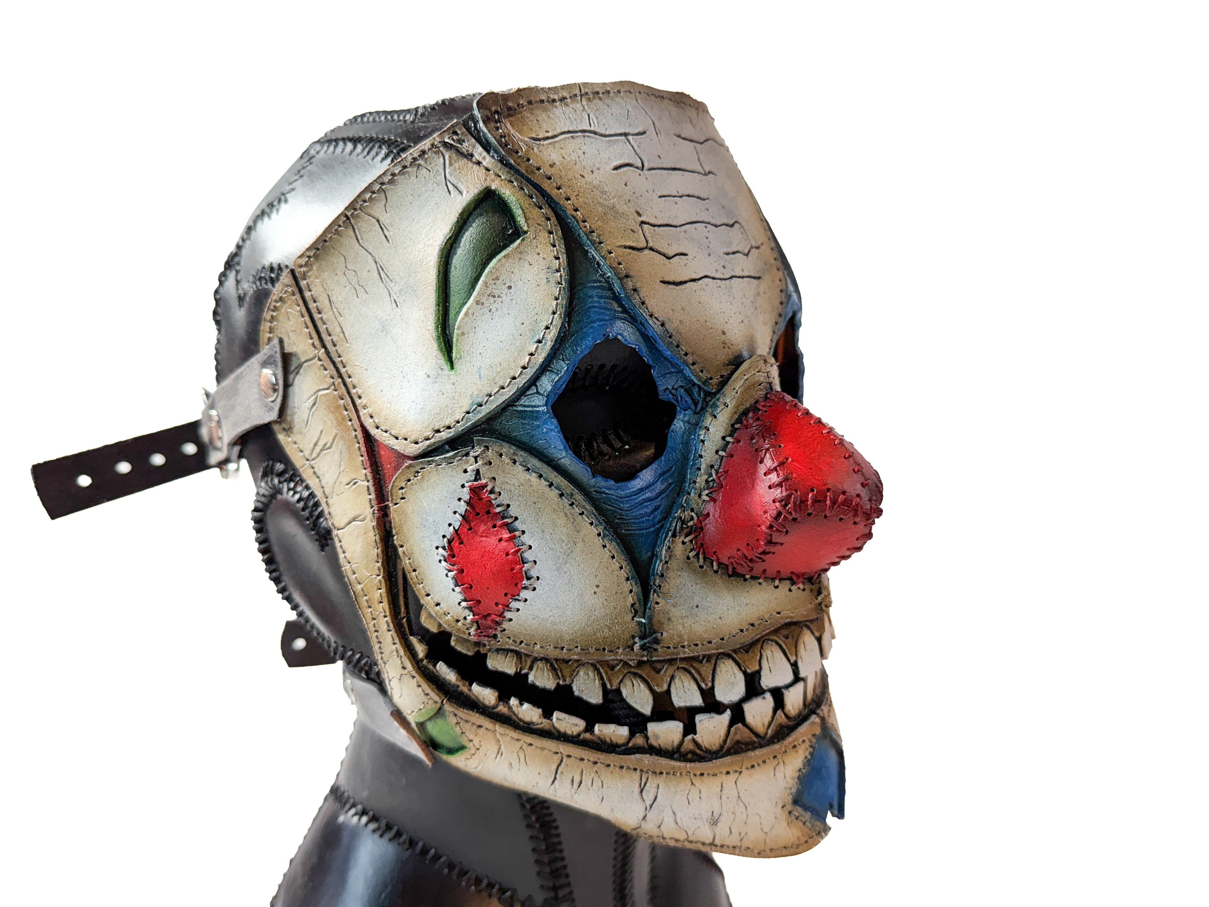 Genuine Leather Mask - Shattered Clown - Thick Straps w Velcro Included - Wide Mouth Edition