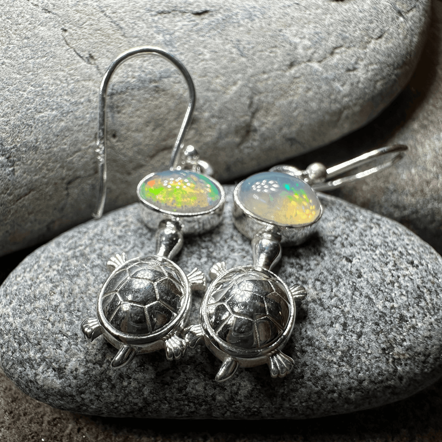 Turtle Opal Earrings - Round Stone