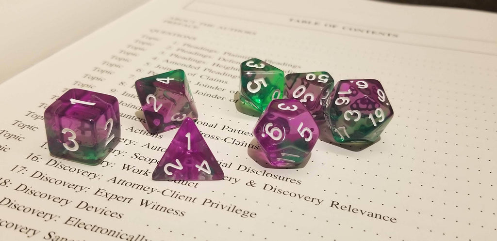 Violet Evergreen Translucent Purple/ Green Poly Dice Set with White (7) RPG DnD HdDice - 