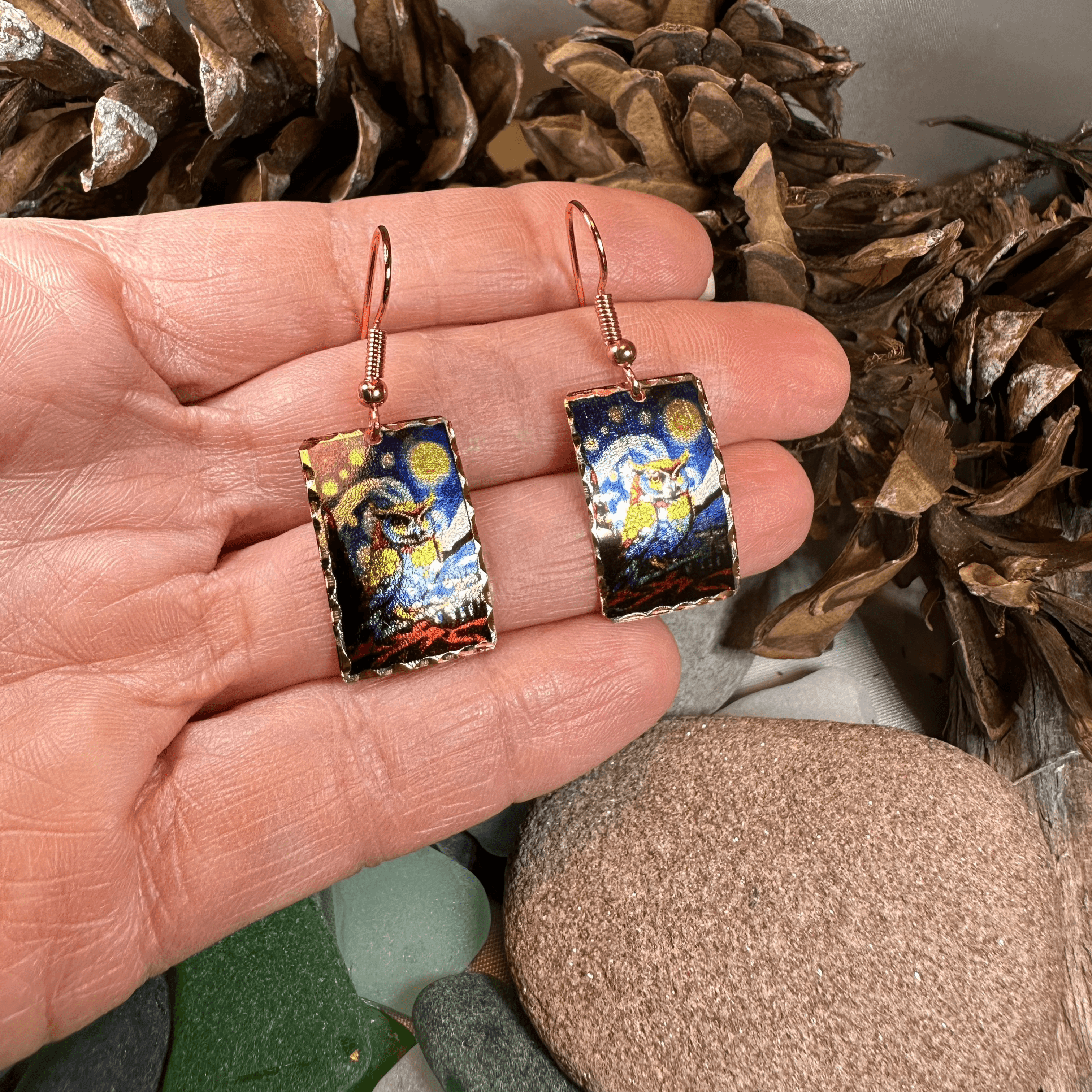 Starry Night Owl Copper Earrings - 