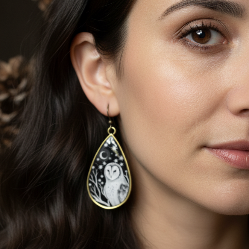 Night Sky Barn Owl Earrings