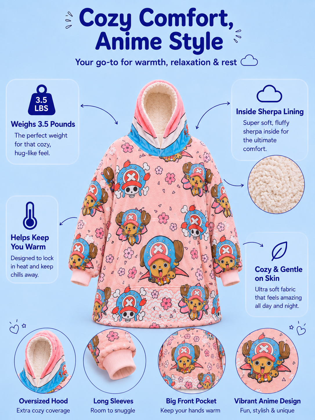 Tony Chopper One Piece Wearable Blanket Hoodie for Kids & Adults | OLM Toys