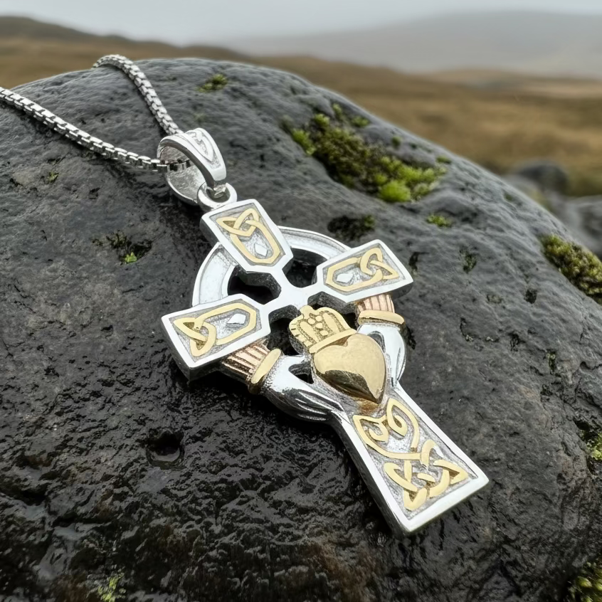 Tri-Color Claddagh Cross Necklace