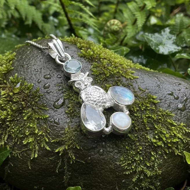 Misty Morning Moonstone Owl Necklace