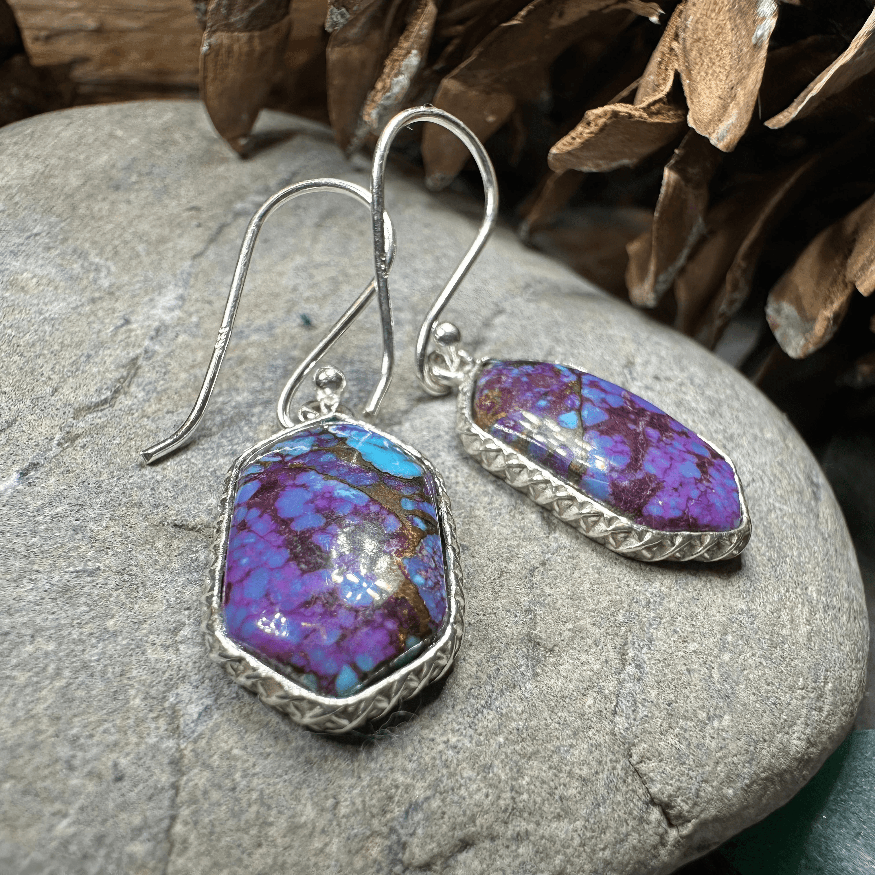 Classic Copper Turquoise Earrings - Hexagon Purple