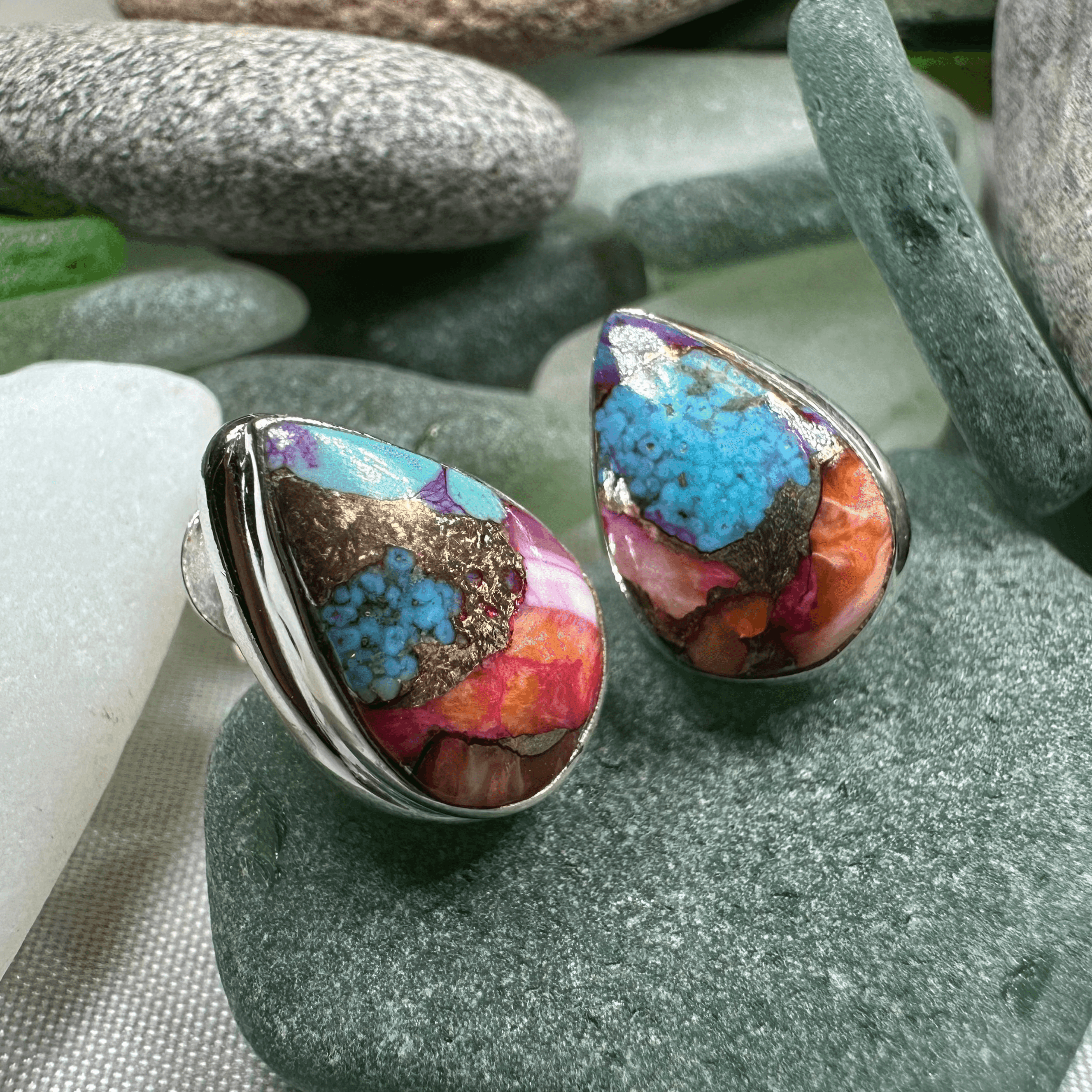Classic Copper Turquoise Post Earrings - Teardrop Pink