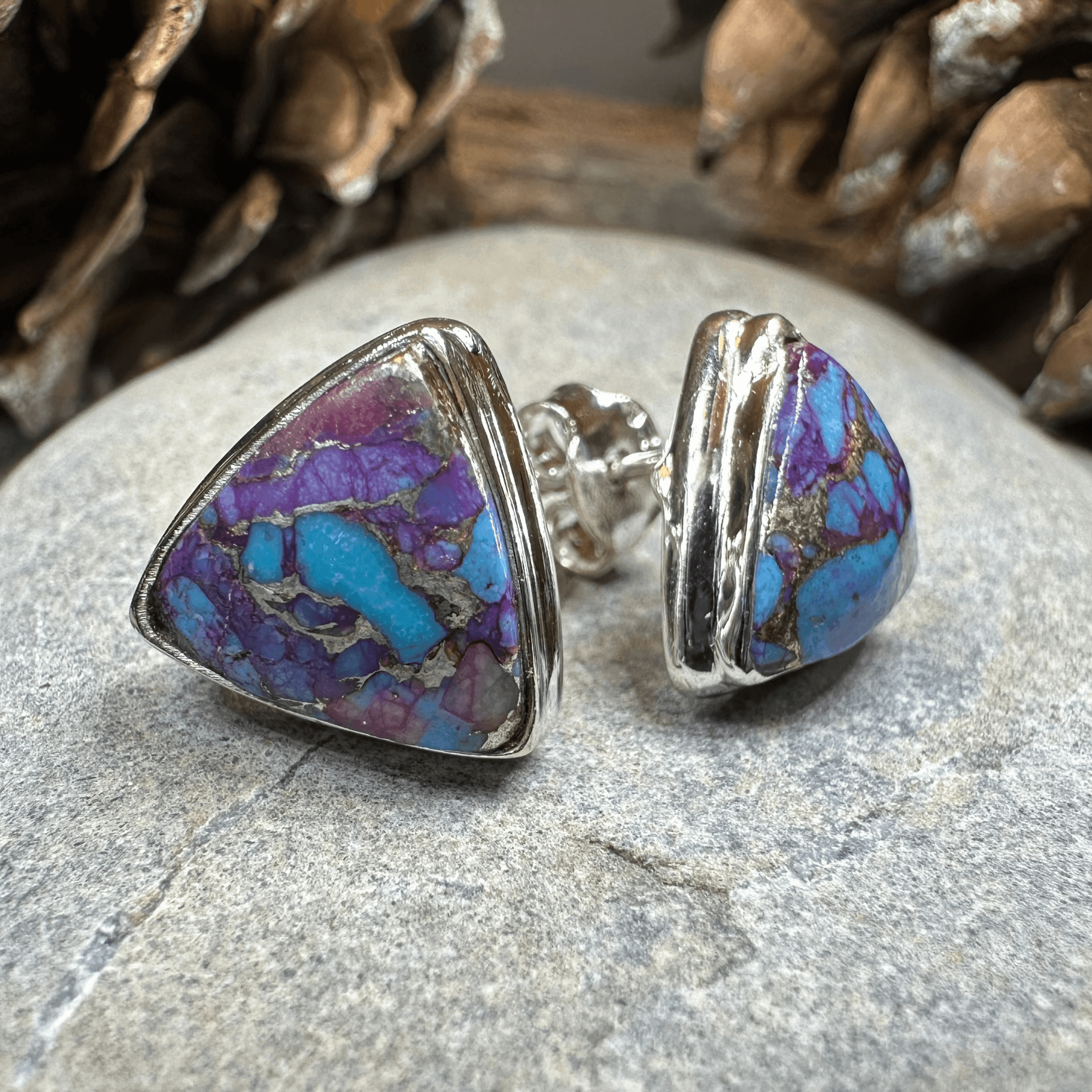 Classic Copper Turquoise Post Earrings - Triangle Purple