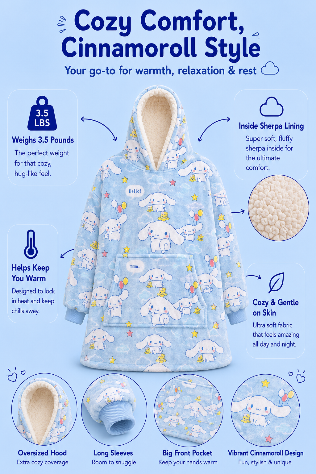 Cinnamoroll Wearable Blanket Hoodie for Kids & Adults | OLM Toys