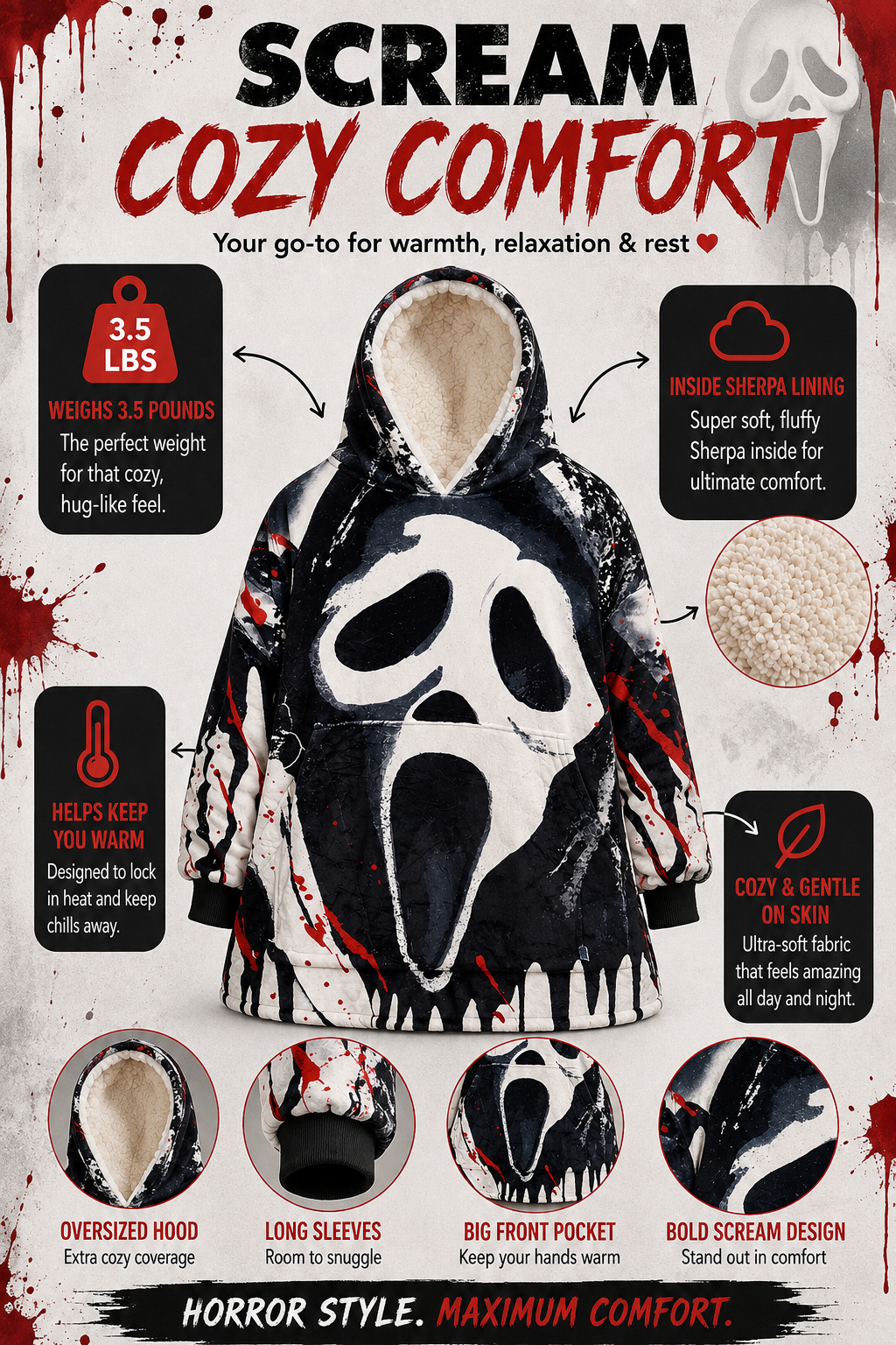 Ghost Face Horror Wearable Blanket Hoodie for Kids & Adults