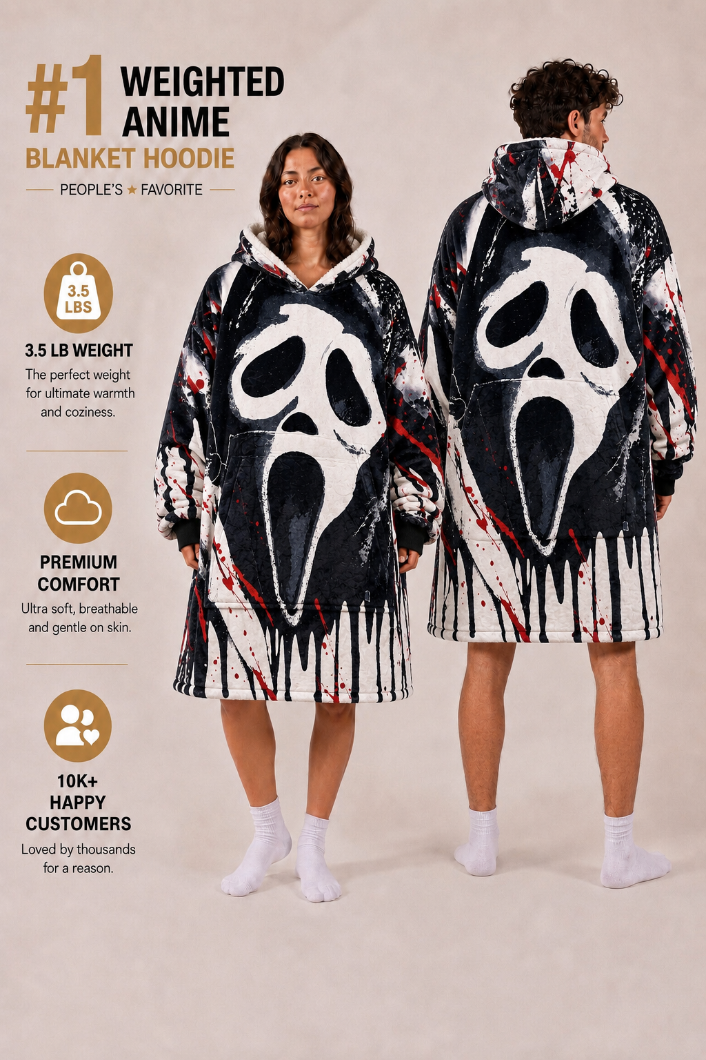 Ghost Face Horror Wearable Blanket Hoodie for Kids & Adults