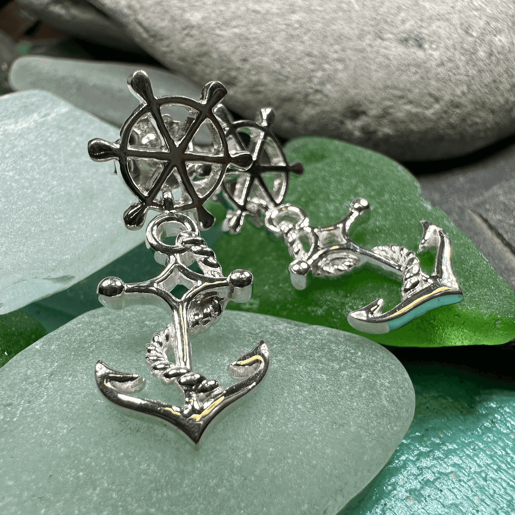 Ship's Wheel Anchor Post Earrings - 