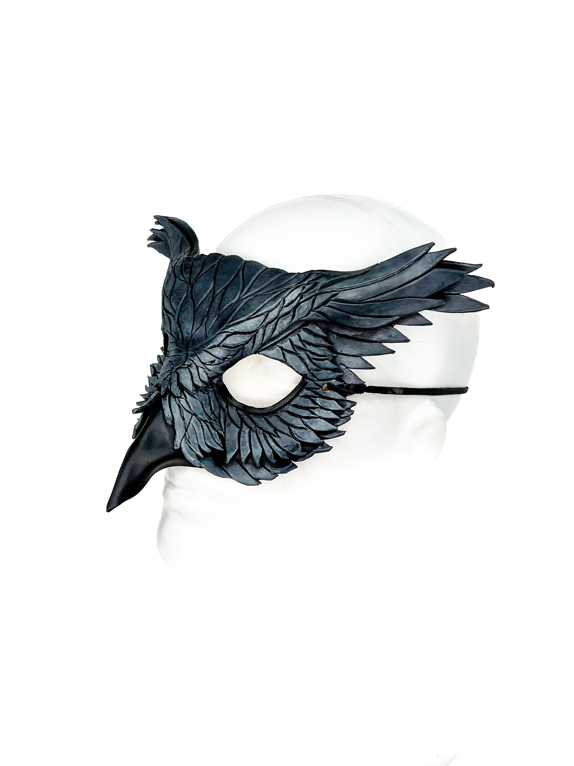Layered Horned Owl Handmade Genuine Leather Mask in Grey - 