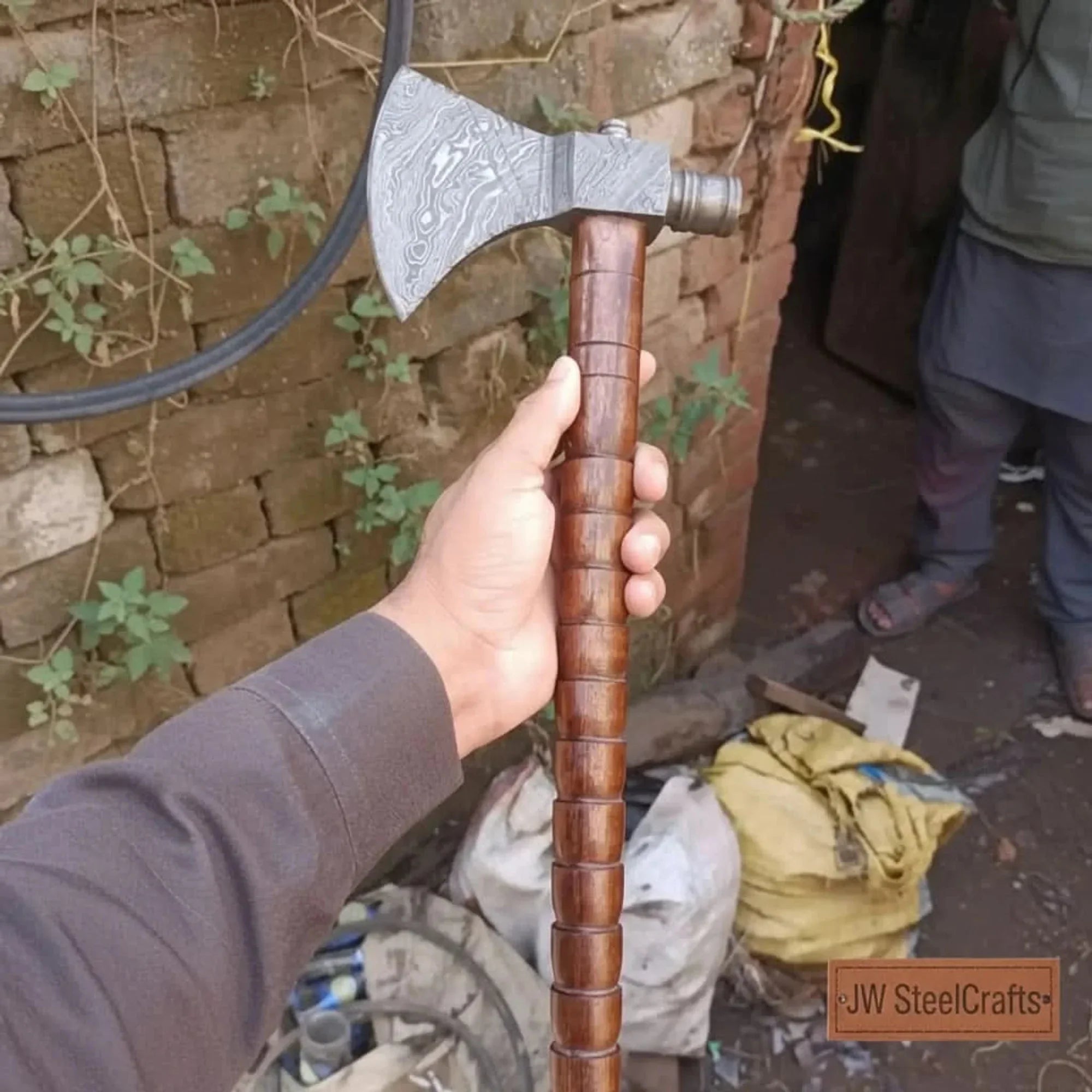 Collectible Artisan Pipe Axe in Damascus Steel with Hardwood Handle