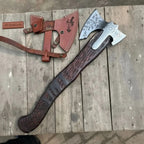 Hand Engraved Viking Double-Bit Axe with Carved Hardwood Handle and Norse Rune Detailing | Handmade Damascus Steel Collector Axe | JW SteelCrafts