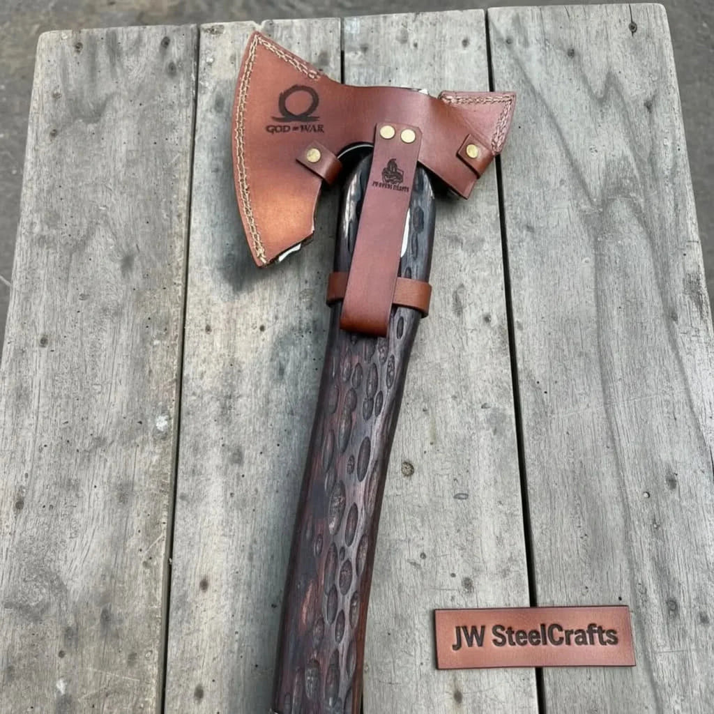 Hand Engraved Viking Double-Bit Axe with Carved Hardwood Handle and Norse Rune Detailing | Handmade Damascus Steel Collector Axe | JW SteelCrafts