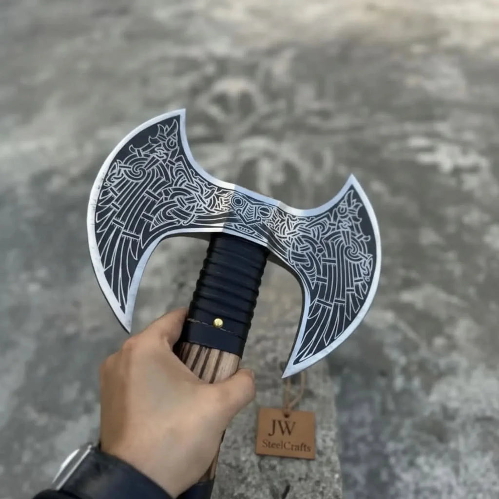 Hand-Engraved Double-Headed Nordic Inspired Decorative Axe