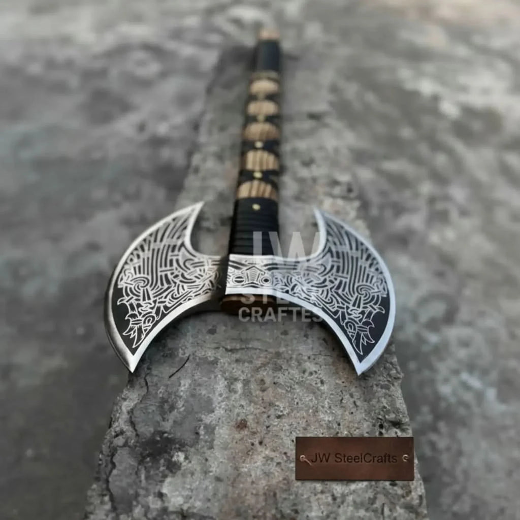 Hand-Engraved Double-Headed Nordic Inspired Decorative Axe