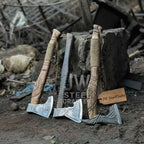 Collectible Norse-style Three-Axe Set with Intricate Engravings and Sculpted Wooden Handles