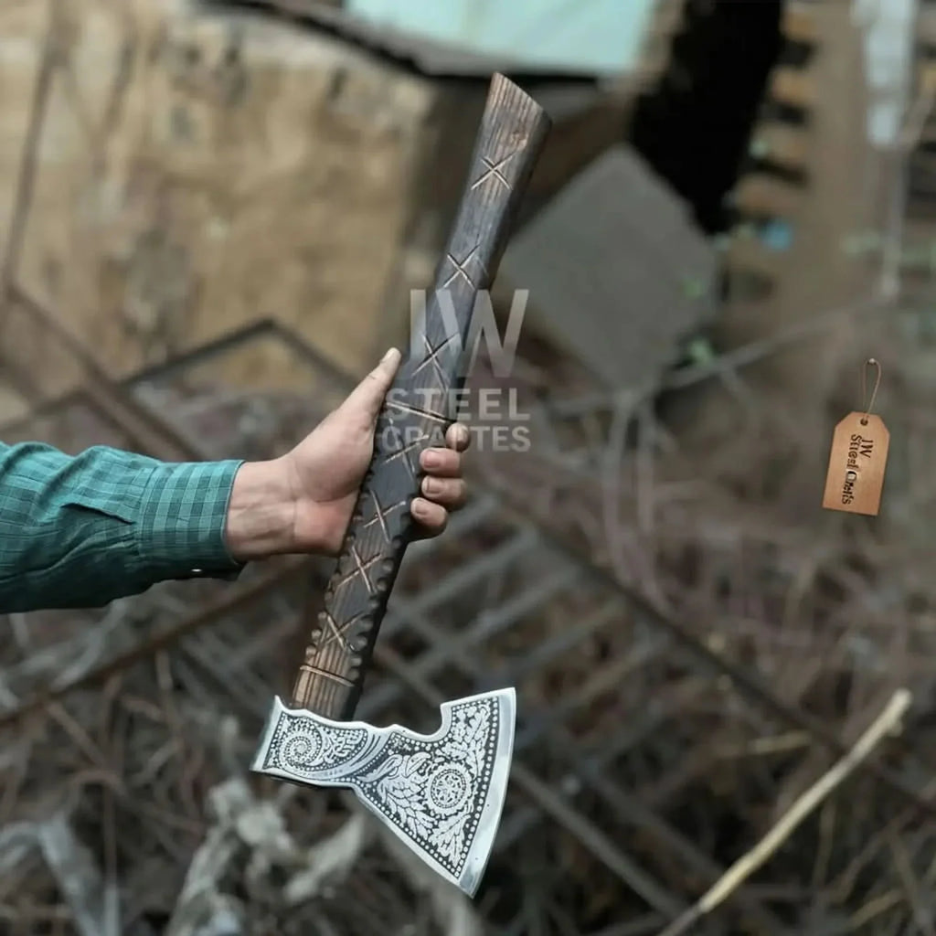Collectible Norse-style Three-Axe Set with Intricate Engravings and Sculpted Wooden Handles