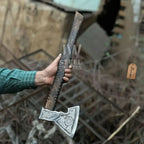 Collectible Norse-style Three-Axe Set with Intricate Engravings and Sculpted Wooden Handles