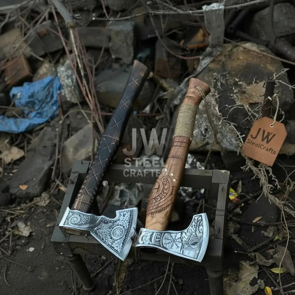 Collectible Norse-style Three-Axe Set with Intricate Engravings and Sculpted Wooden Handles