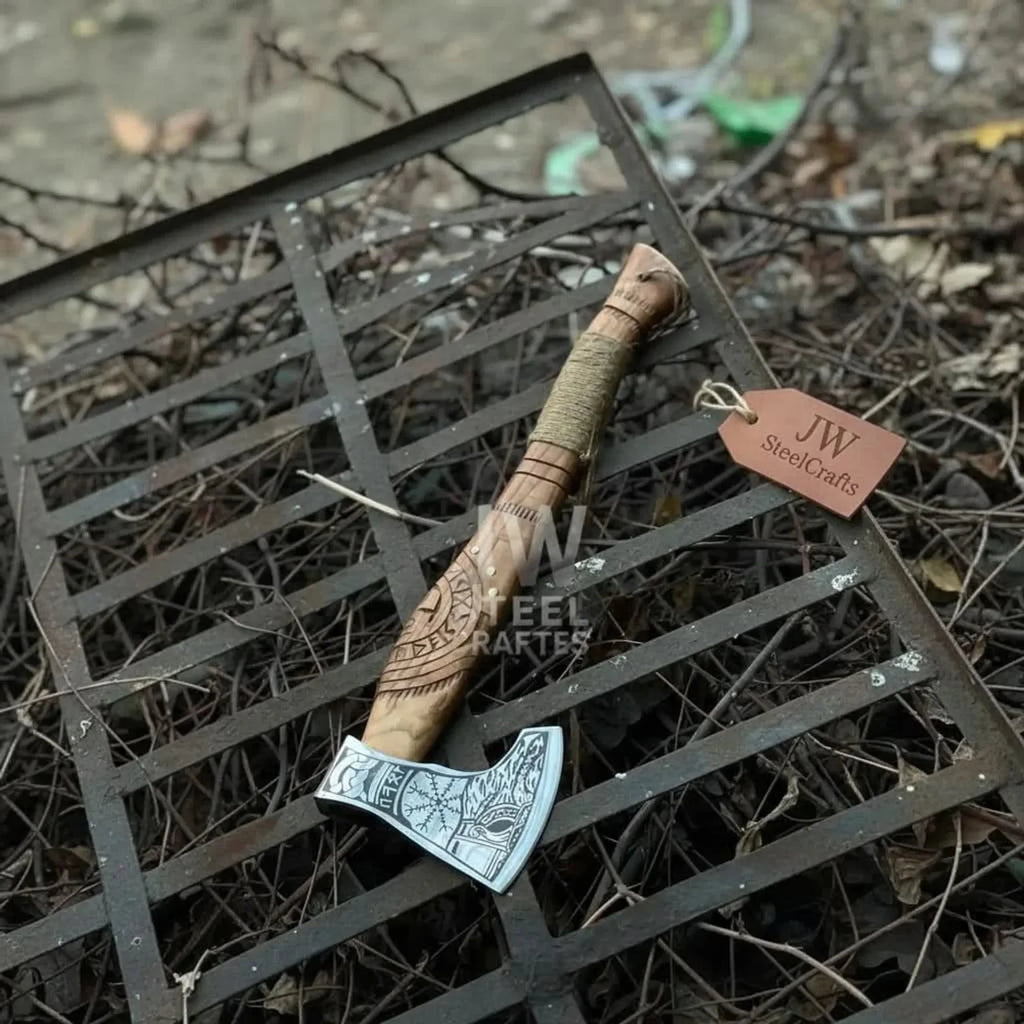 Collectible Norse-style Three-Axe Set with Intricate Engravings and Sculpted Wooden Handles