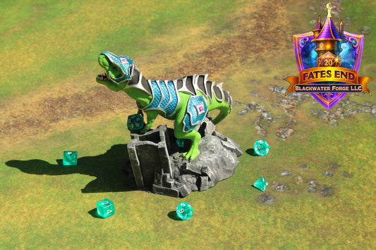 Armored War T-Rex 3D Printed Dice Tower – Fate's End Collection by Kim Bolt - Unleash Prehistoric Power! - Black / Yes- Include Random Dice Set