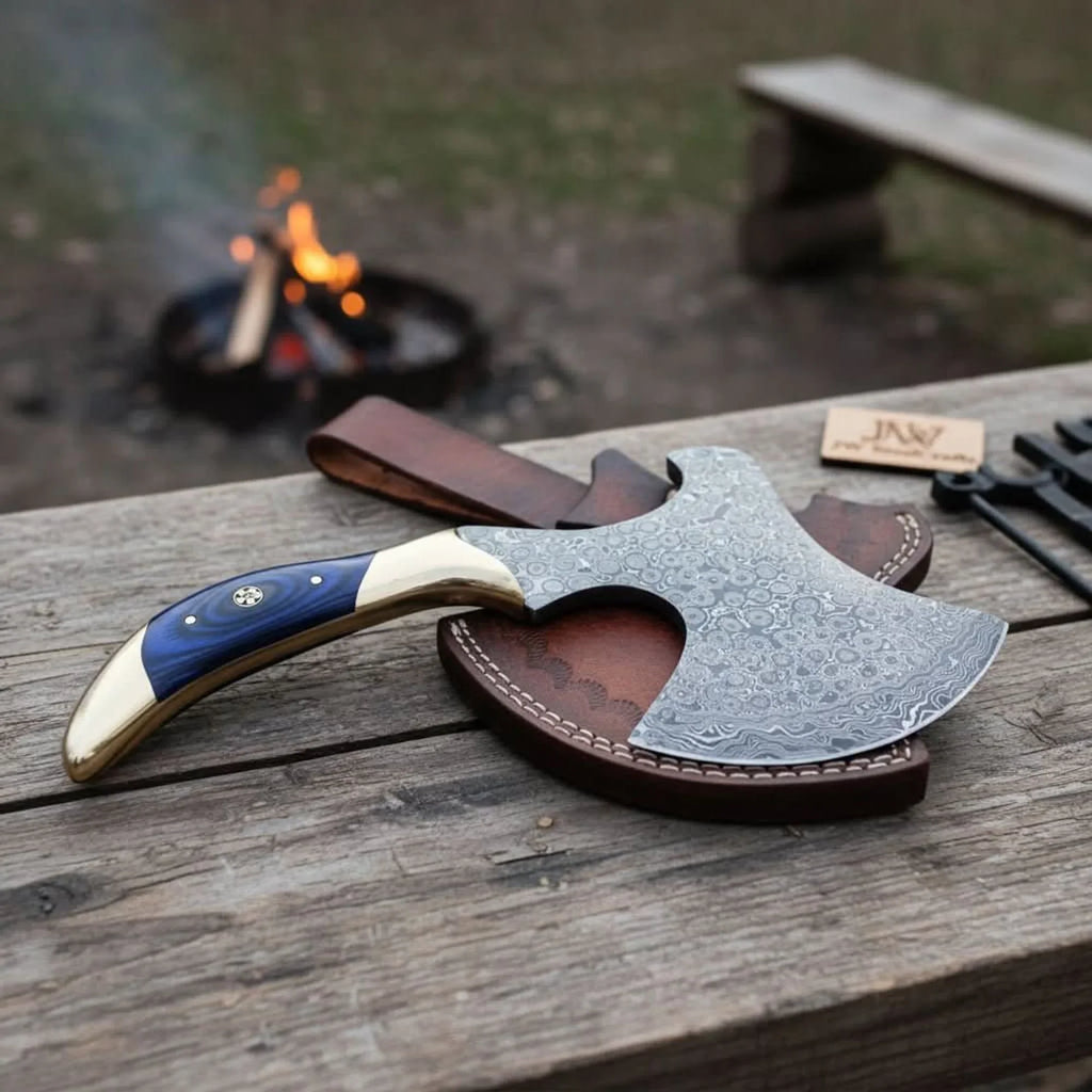 Handmade Damascus Steel Hatchet – Custom Hand Forged Camping Axe with Hardwood Handle & Leather Sheath | JW SteelCrafts