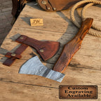 Hand Forged Damascus Steel Broad Edge Belt Axe with Hardwood Handle and Leather Sheath | JW SteelCrafts