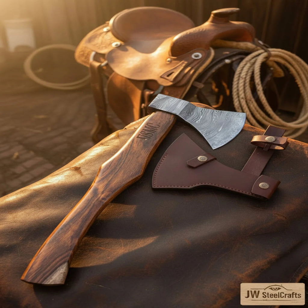 Hand Forged Damascus Steel Broad Edge Belt Axe with Hardwood Handle and Leather Sheath | JW SteelCrafts
