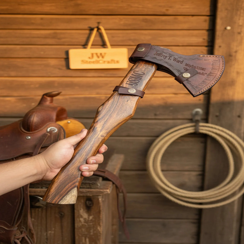 Hand Forged Damascus Steel Broad Edge Belt Axe with Hardwood Handle and Leather Sheath | JW SteelCrafts