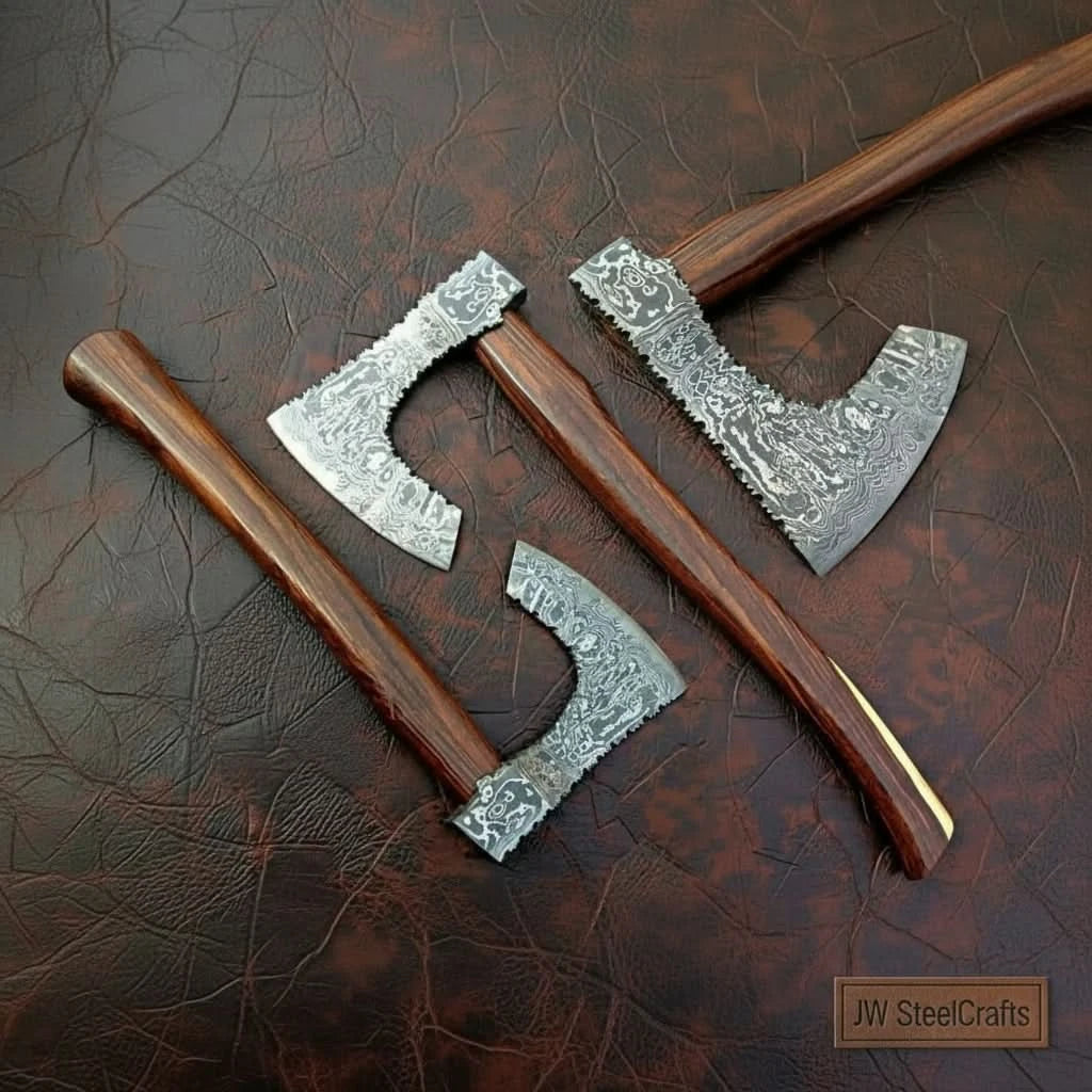 Handmade Damascus Steel Bearded Viking Axe with Hardwood Handle – Custom Forged Norse Camp Axe | JW SteelCrafts