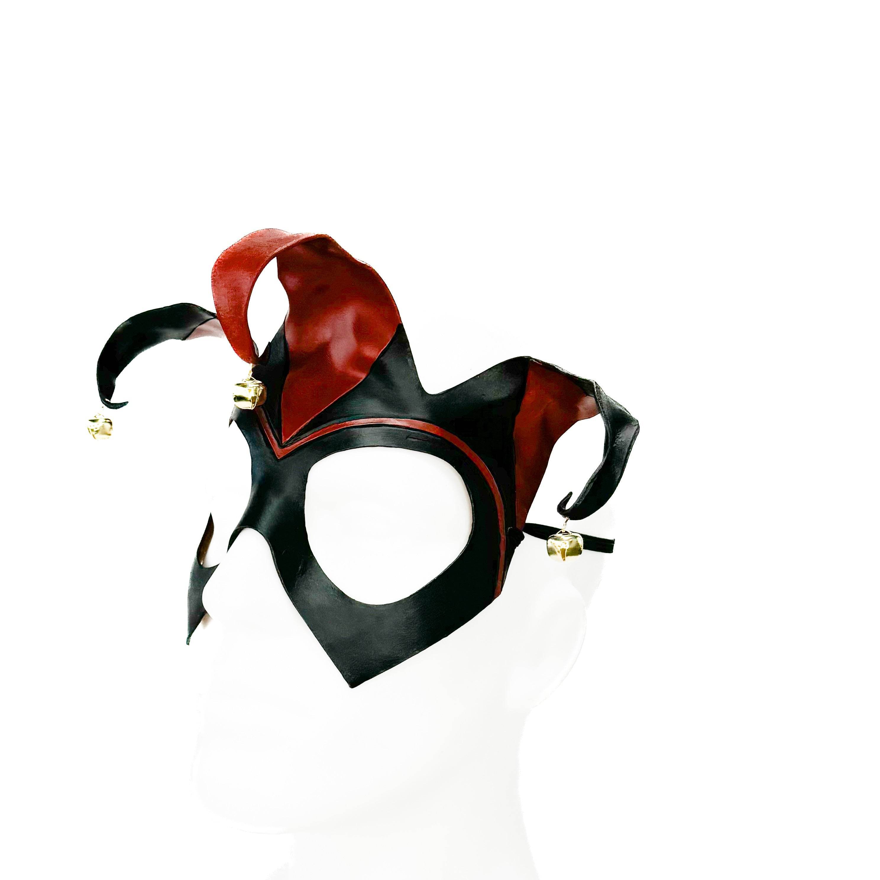 Handmade Genuine Leather Jester Mask in Red and Black with Brass Bells - 