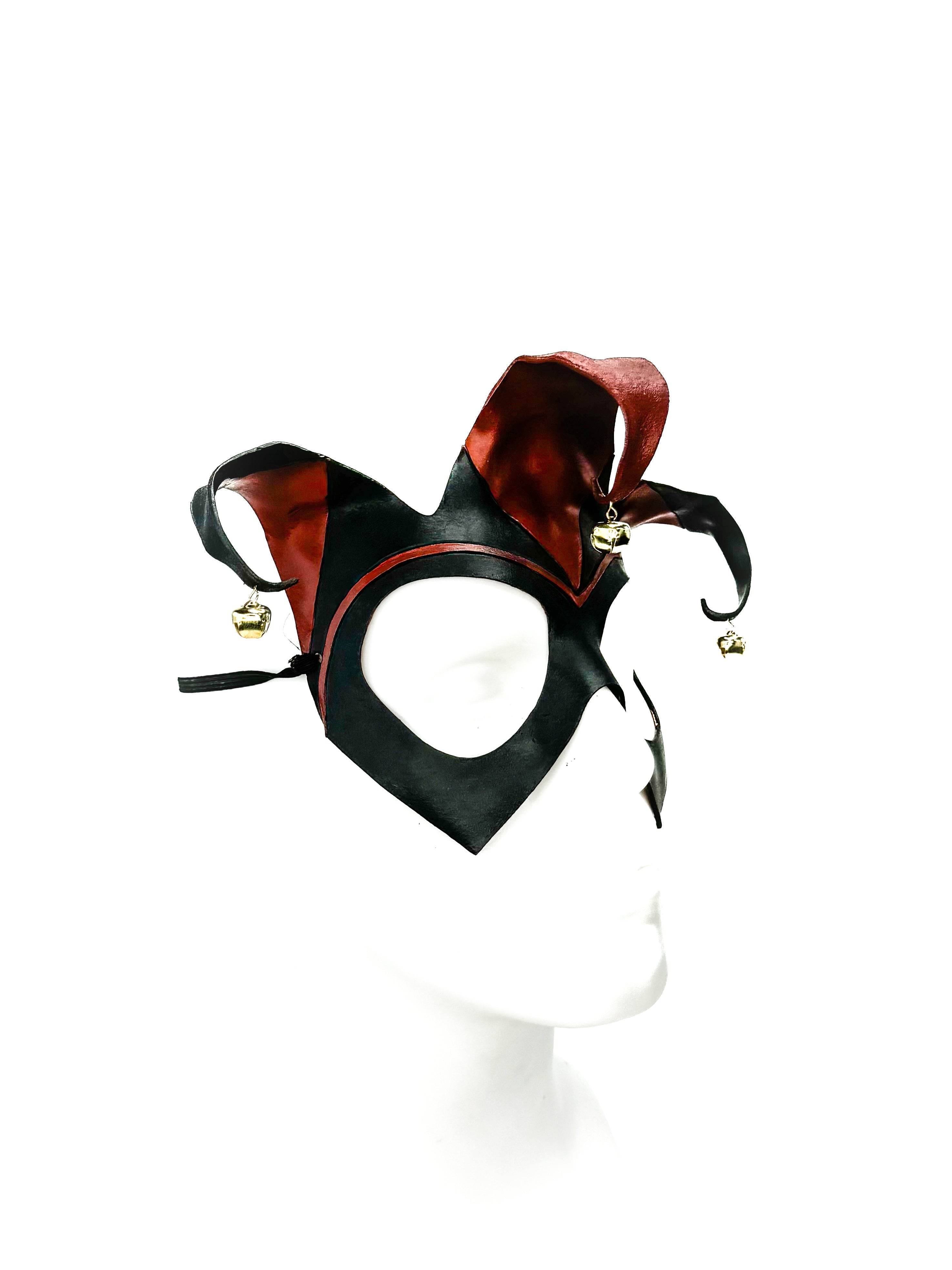 Handmade Genuine Leather Jester Mask in Red and Black with Brass Bells - 