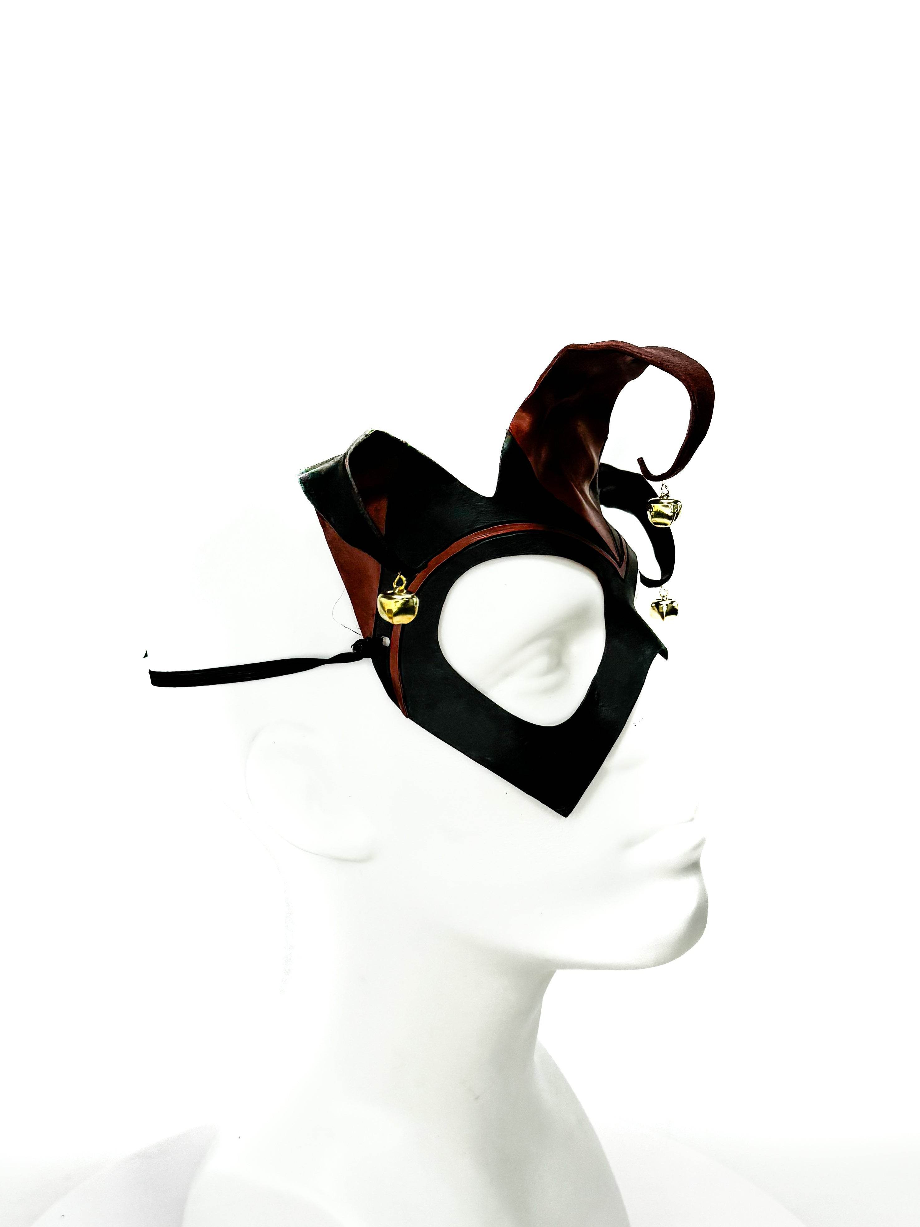 Handmade Genuine Leather Jester Mask in Red and Black with Brass Bells - 