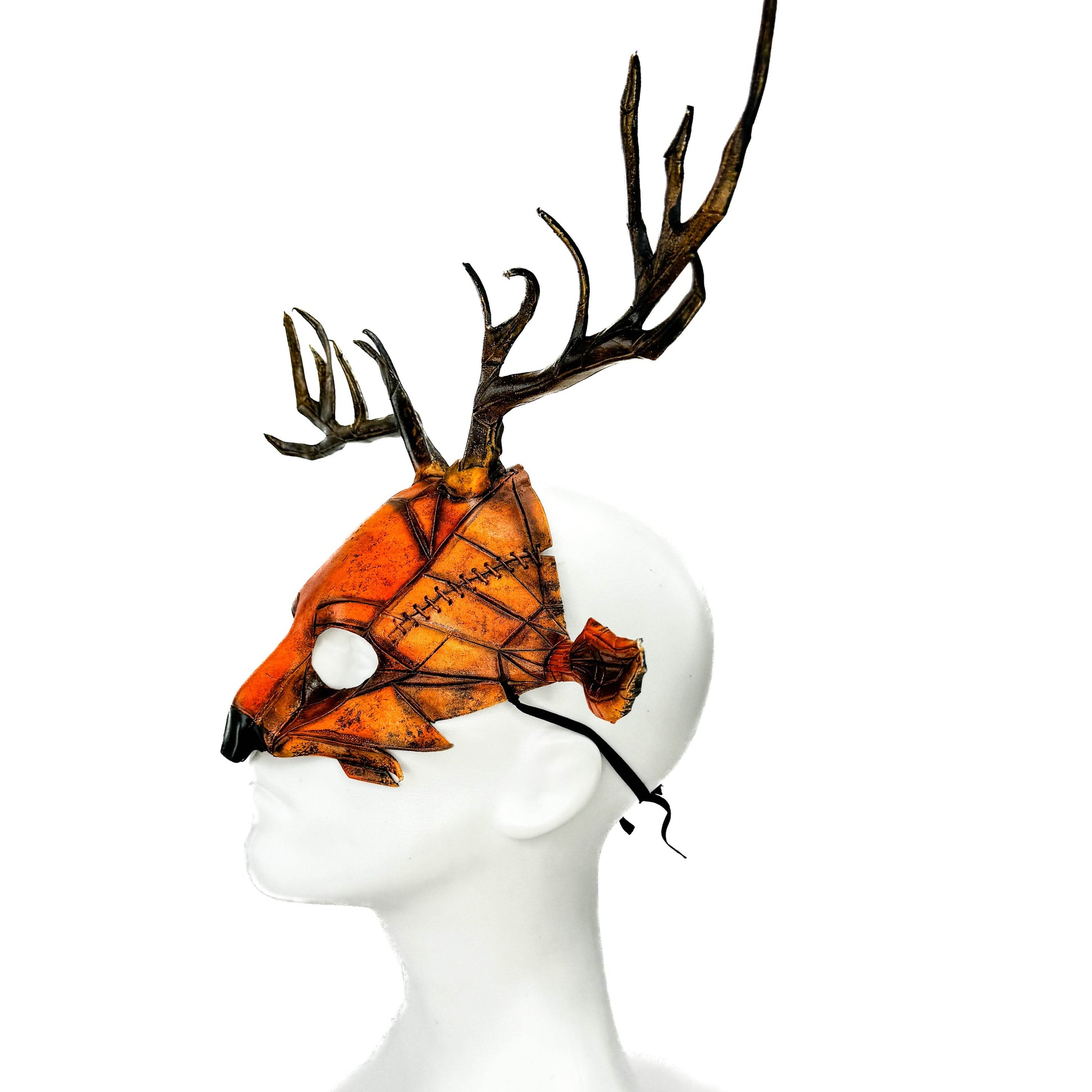 Geometric Deer Genuine Leather Mask In Sienna - 