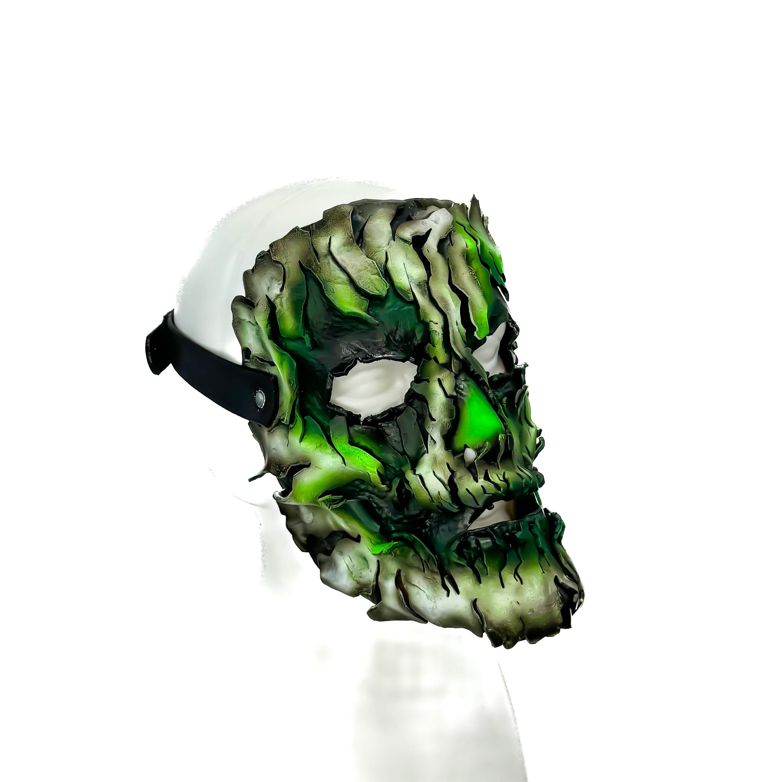 Genuine Leather Mask - Green Shattered Clown - Handmade Full Face Cover for Halloween, Performance or Cosplay Costume - Leather Ties