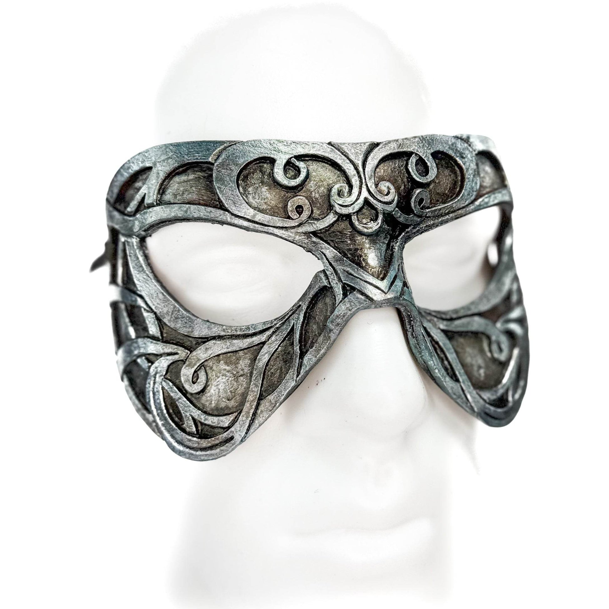 Dual Layer Ornate Masquerade Handmade Genuine Leather Eye Mask in Antiqued Silver - 