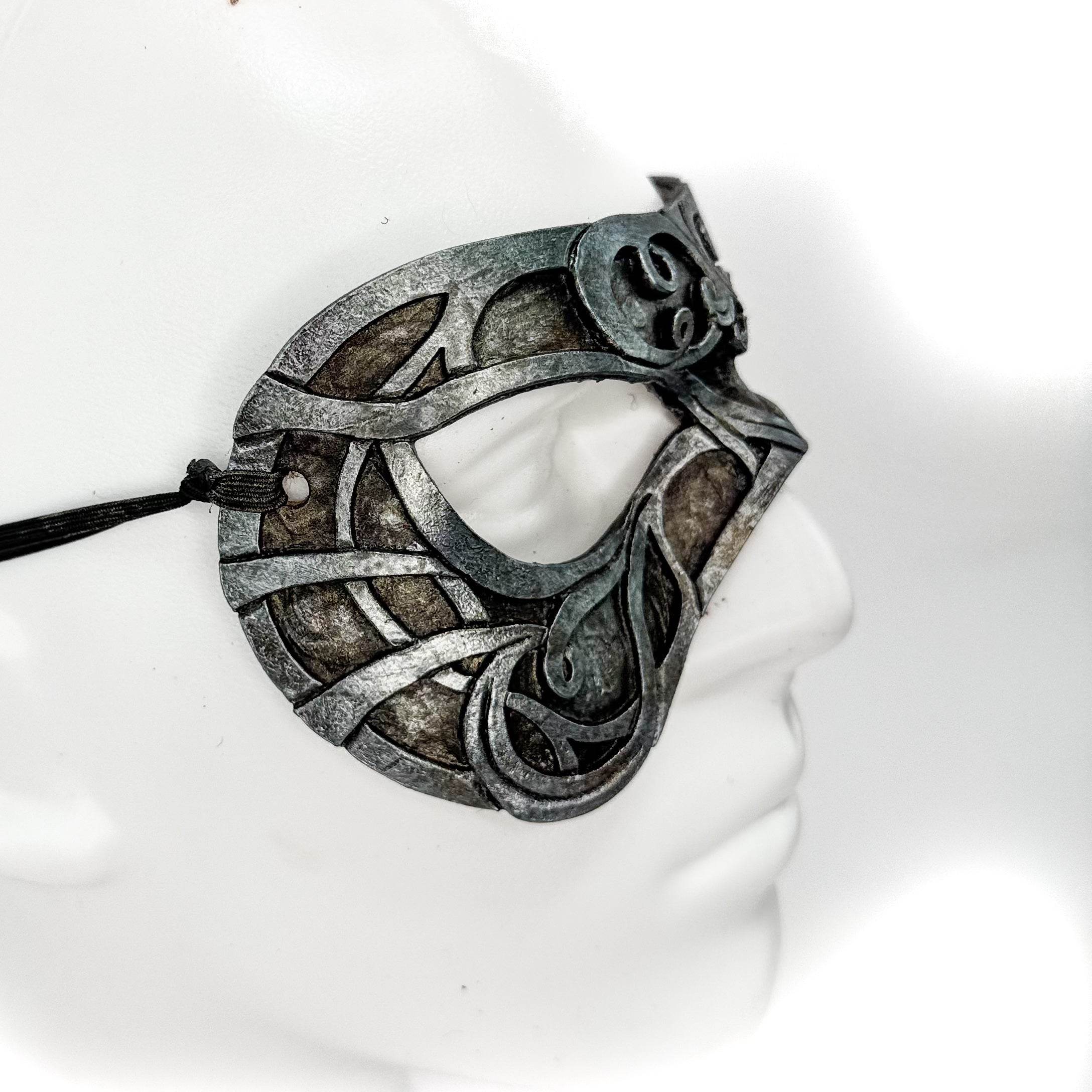 Dual Layer Ornate Masquerade Handmade Genuine Leather Eye Mask in Antiqued Silver - 