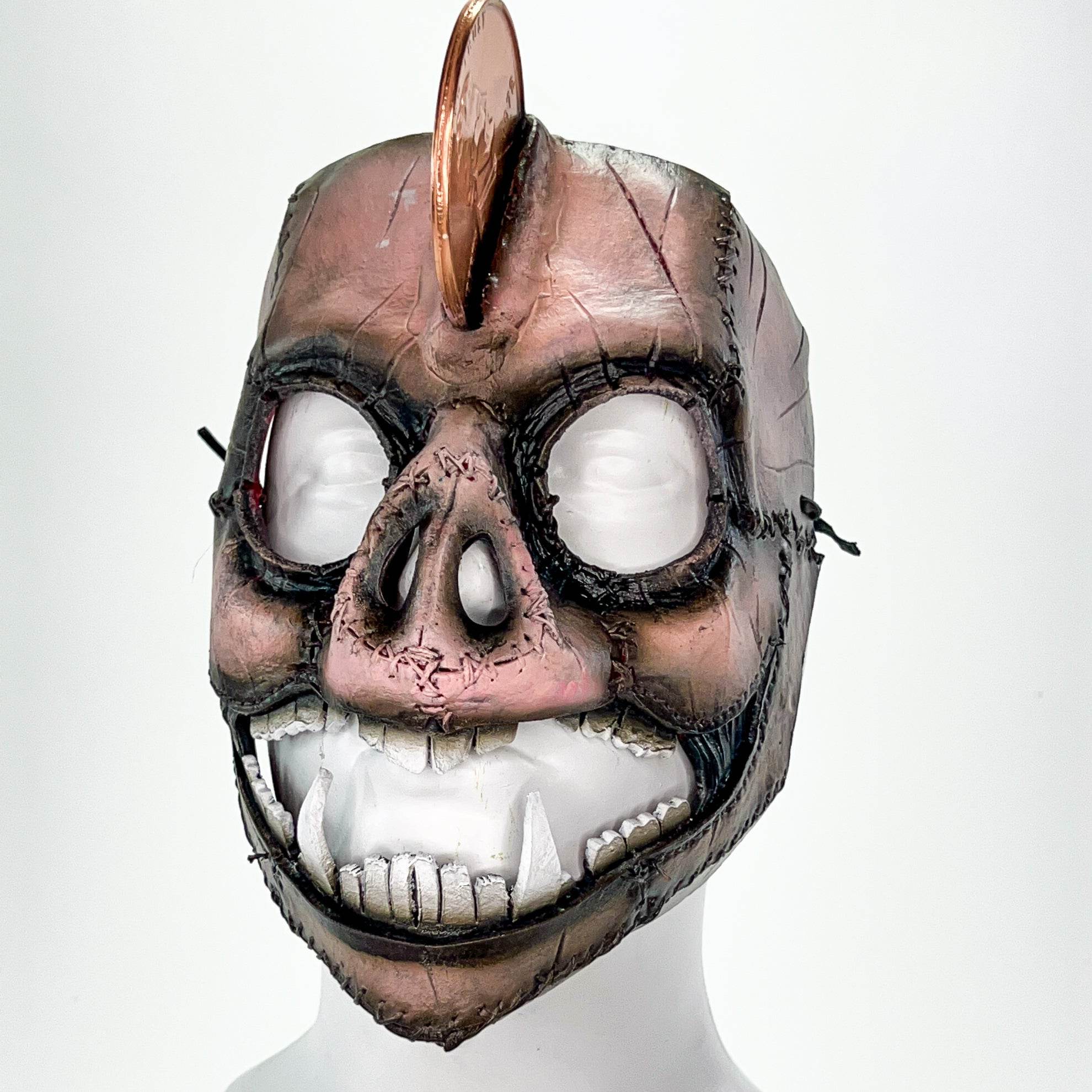 Demented Piggy Bank - Genuine Leather Mask - Real Copper Penny - Handmade Full Face Cover for Halloween or Performance Costume - 