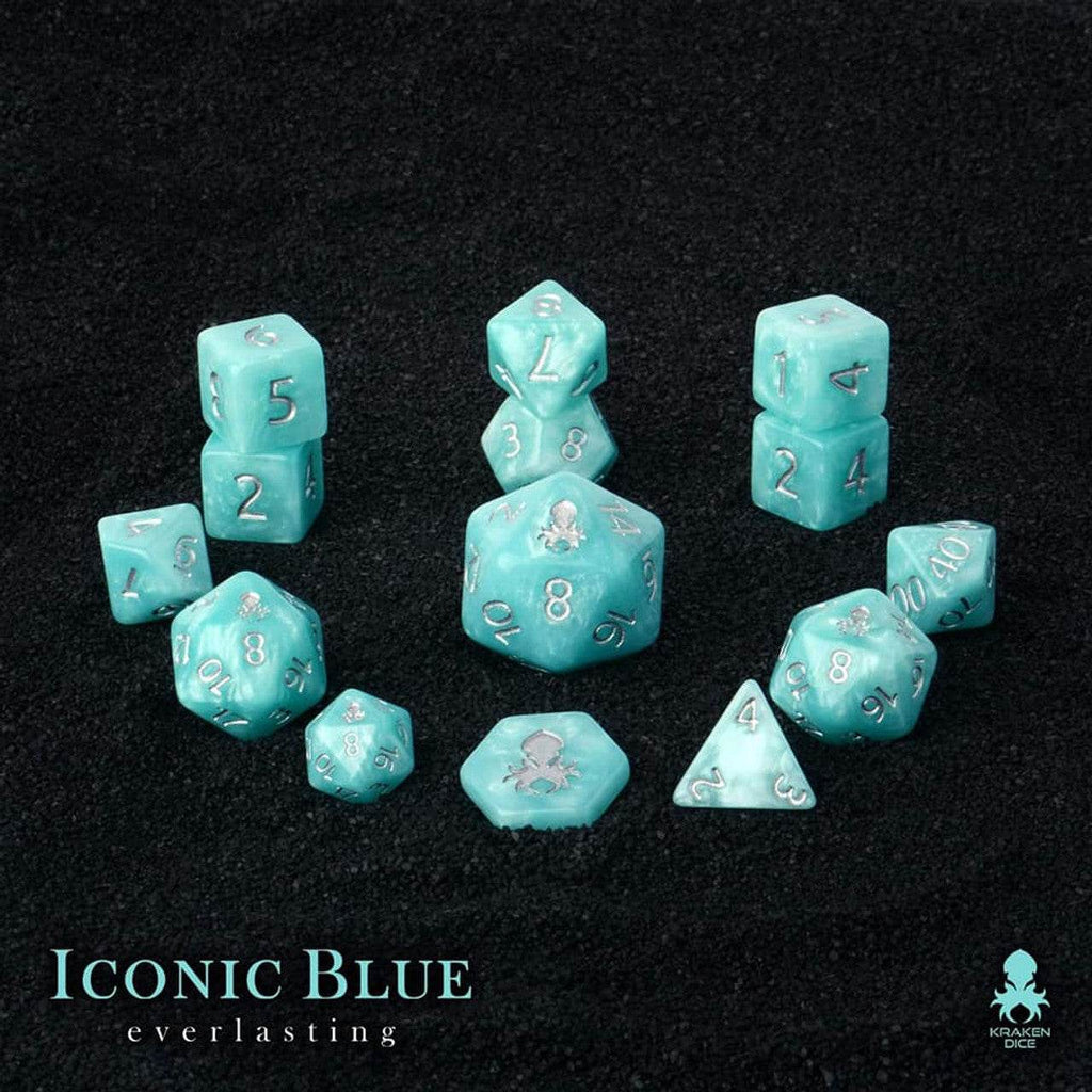 Kraken Dice - Iconic Blue: Everlasting 14pc Polyhedral Dice Set - Silver Ink