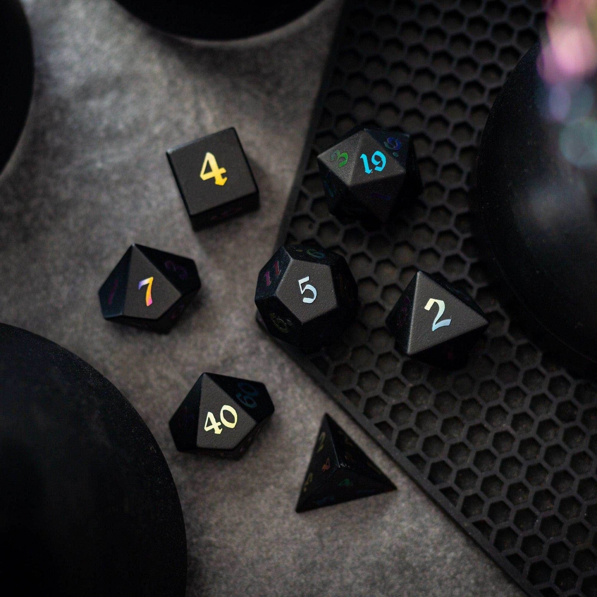 Inked Black Night Raised Obsidian Hand Carved Dice DND Set - Full Set And Free Dice Box